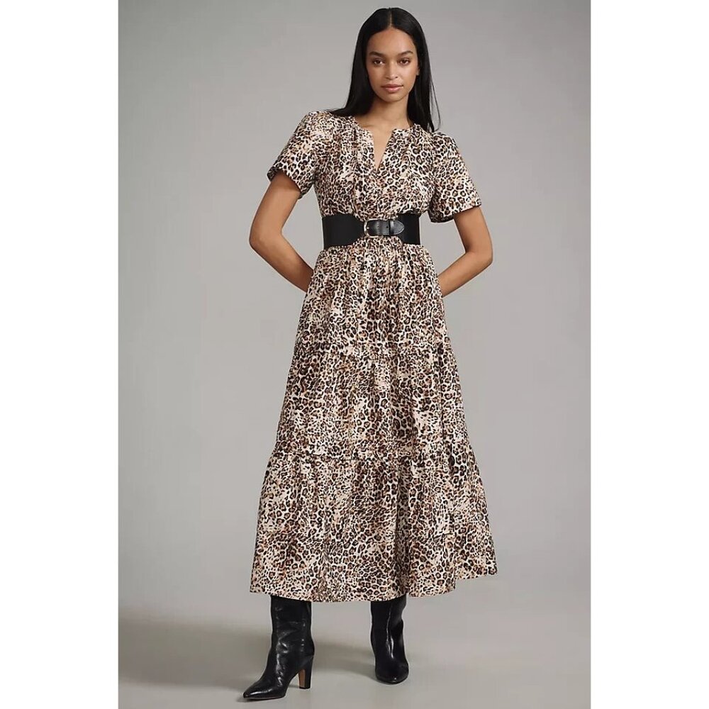 NWT Anthropologie Somerset Maxi in Chocolate Leopard Cotton Dress MP M Petite